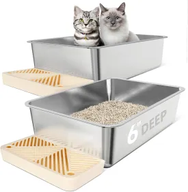2 Pack 23.6"x16"x 6" Extra Large Stainless Steel Litter Box, XL Kitty Litter Boxes with High Sides for Big and Multiple Cats, Metal Pan Tray, Easy to Clean, Non-Stick, Rust Proof