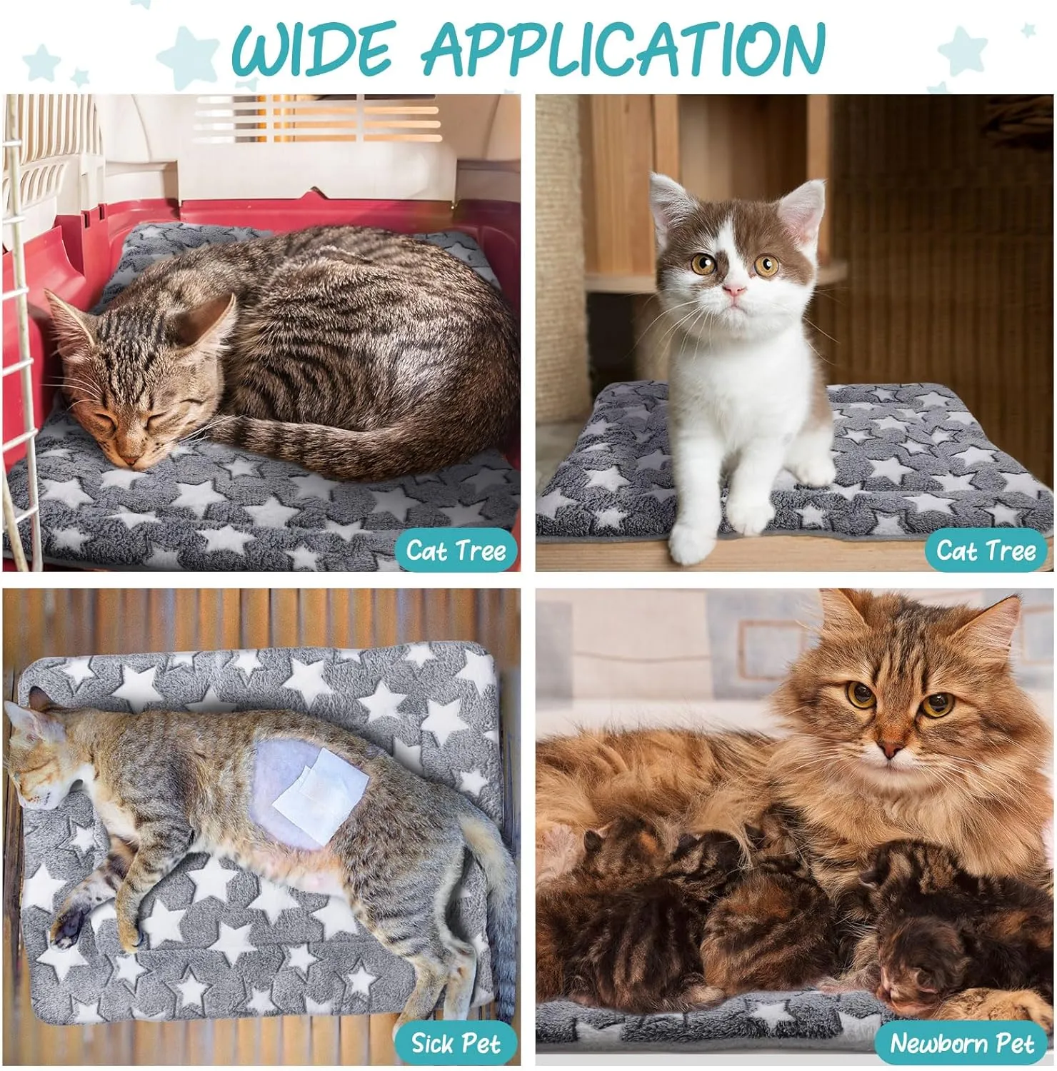 2 Pack Self Warming Cat Mat Self Heating Pad Bed Reversible Machine Washable Reflects Body Heat Warm Thermal Pet Pad Crate Blanket for Feral and Indoor Cat(Star,20'' X 30'')