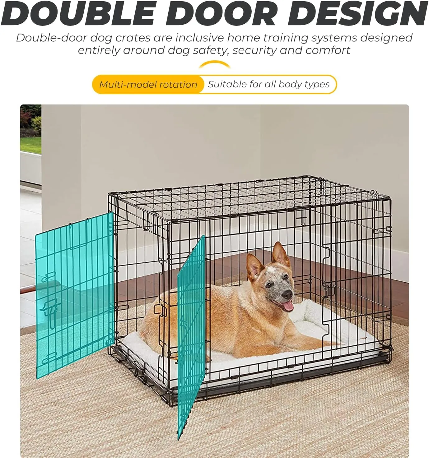 42 Inches Dog Crate Large Foldable Dog Kennel Metal Wire Pet Dog Cage with Double-Door Leak-Proof Tray Divider Panel and Handle for Dog Cat Pet,Black 42X30X27
