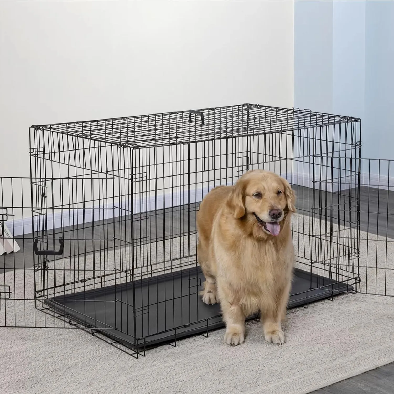 42 Inches Dog Crate Large Foldable Dog Kennel Metal Wire Pet Dog Cage with Double-Door Leak-Proof Tray Divider Panel and Handle for Dog Cat Pet,Black 42X30X27