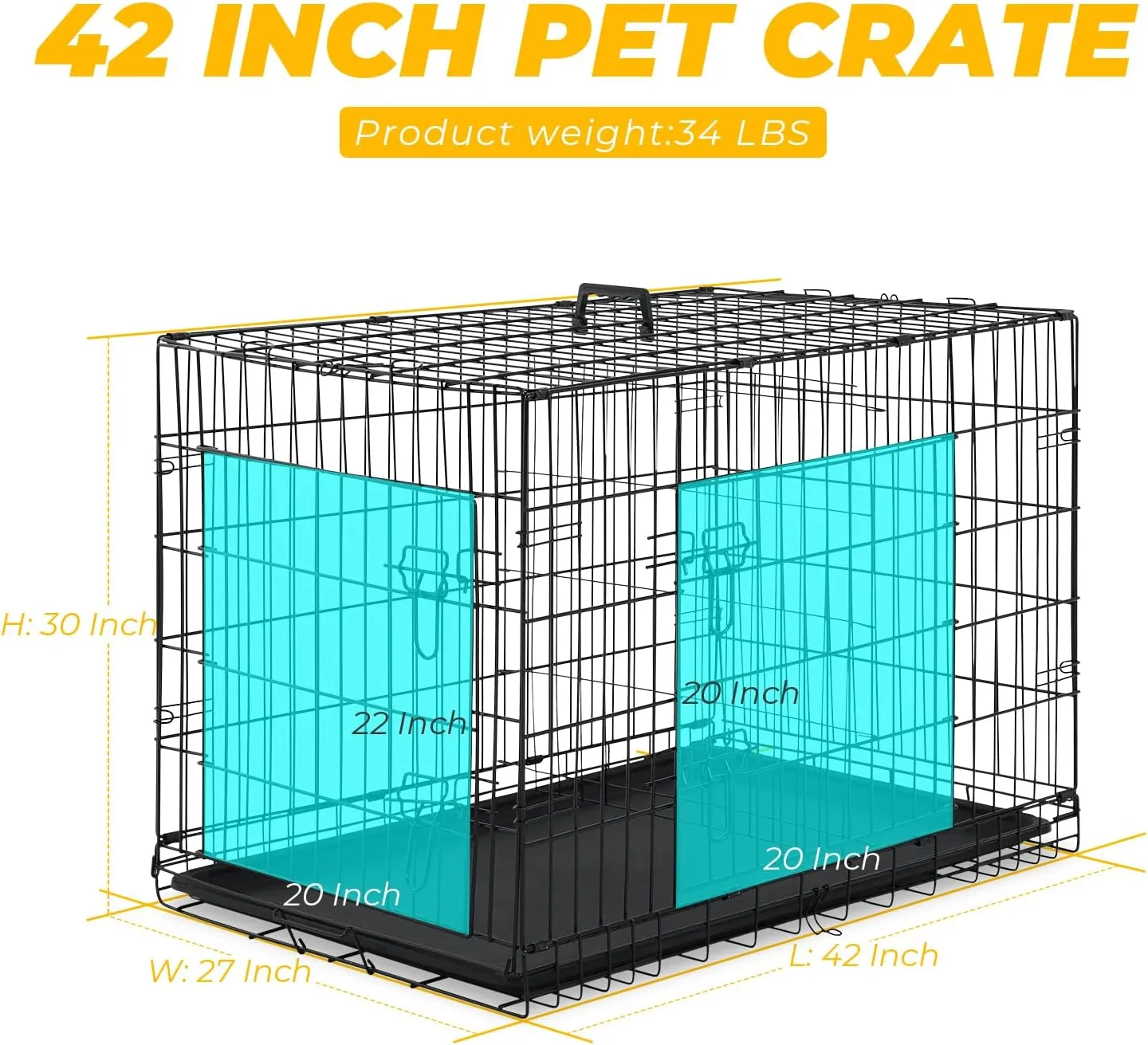 42 Inches Dog Crate Large Foldable Dog Kennel Metal Wire Pet Dog Cage with Double-Door Leak-Proof Tray Divider Panel and Handle for Dog Cat Pet,Black 42X30X27