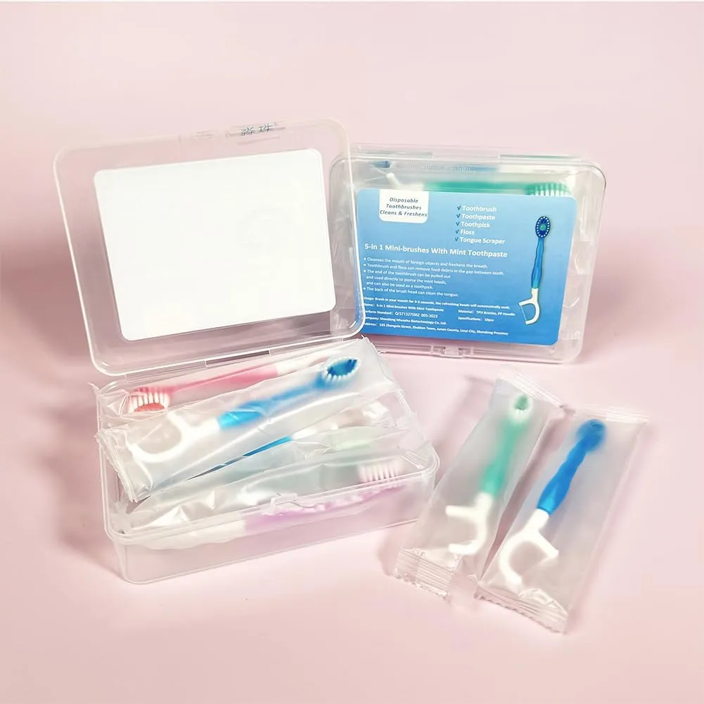 5 in 1 Mini Disposable Toothbrushes with Toothpaste Travel Toothburshes Individually Wrapped Portable Toothbrush with Toothpaste   Tongue Scraper   Picks Floss Travel Case (Mint, 24)