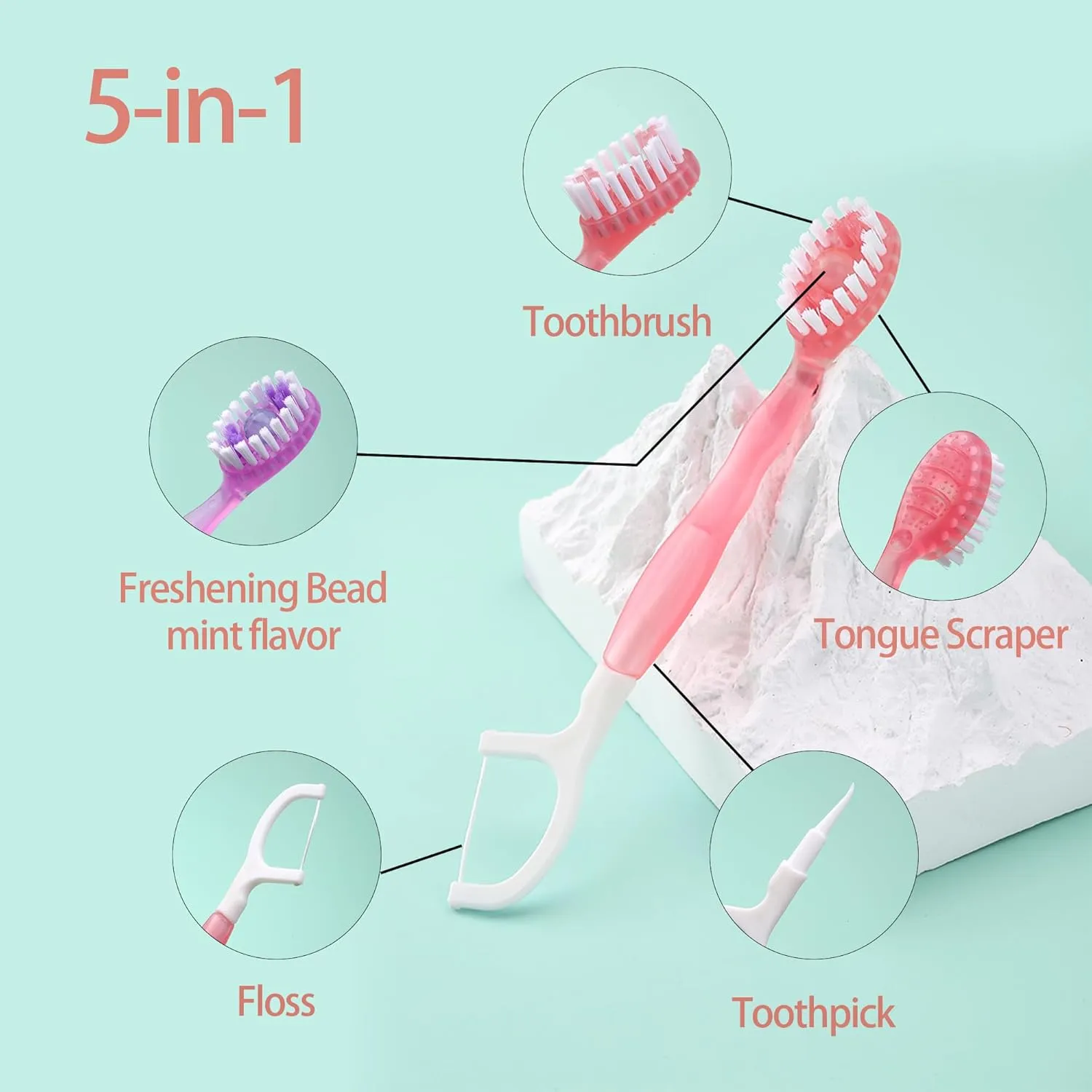 5 in 1 Mini Disposable Toothbrushes with Toothpaste Travel Toothburshes Individually Wrapped Portable Toothbrush with Toothpaste   Tongue Scraper   Picks Floss Travel Case (Mint, 24)