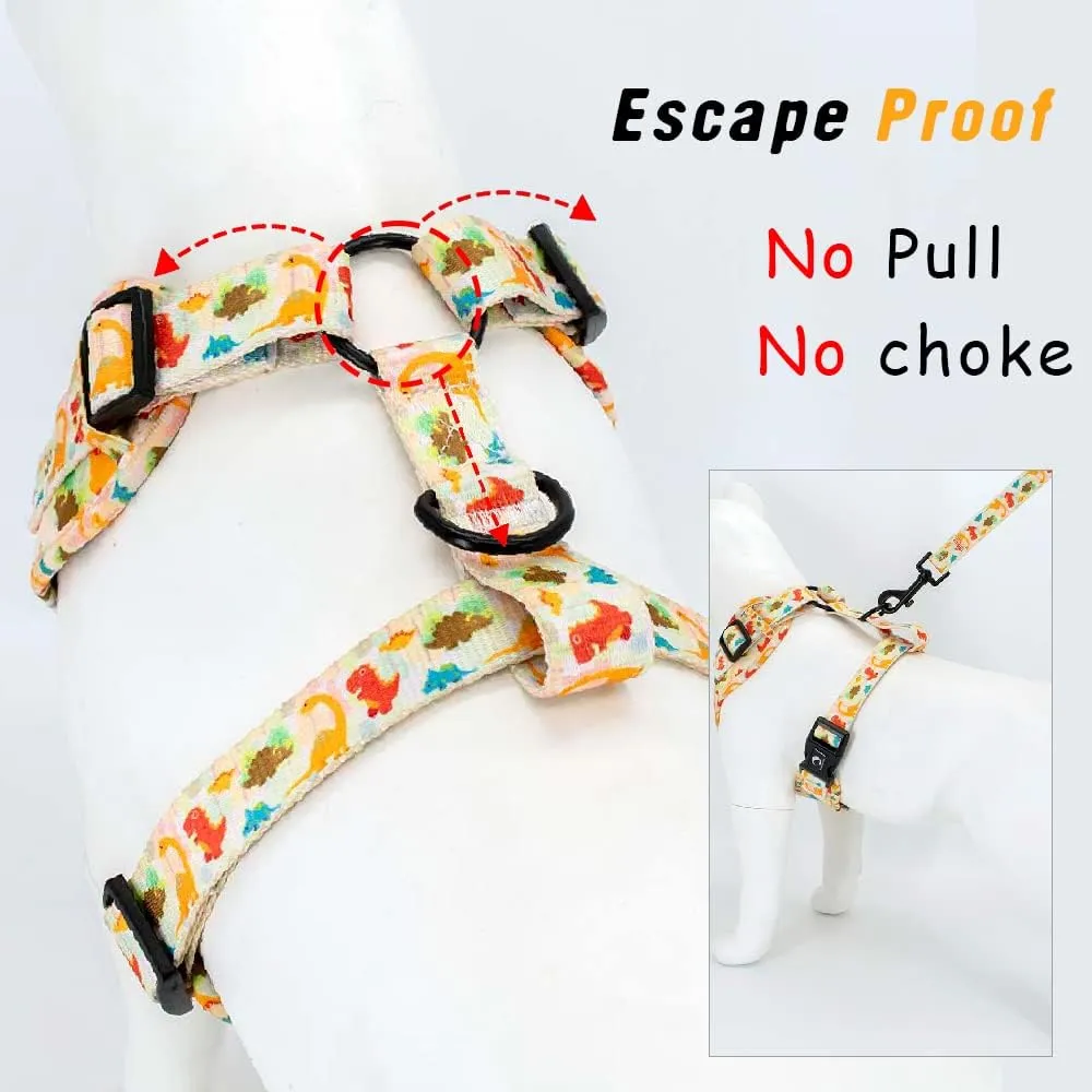 Adjustable Dog Harness and Leash Set for Girl Air Mesh Dog Vest Harness 5Ft Dog Training Leash with Soft Handle Pet Escape Proof for Small Medium Large Dogs (Dinosaur, L)