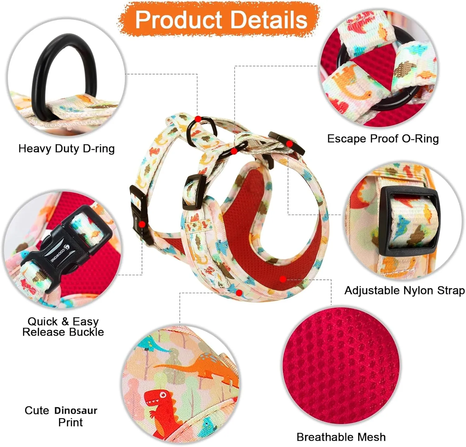 Adjustable Dog Harness and Leash Set for Girl Air Mesh Dog Vest Harness 5Ft Dog Training Leash with Soft Handle Pet Escape Proof for Small Medium Large Dogs (Dinosaur, L)