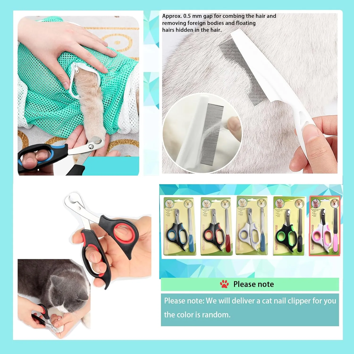 Adjustable Multifunctional Anti-Bite Cat Shower Bag, Mesh Cat Bathing Bag Set, Grey and Green, Care Tools Included