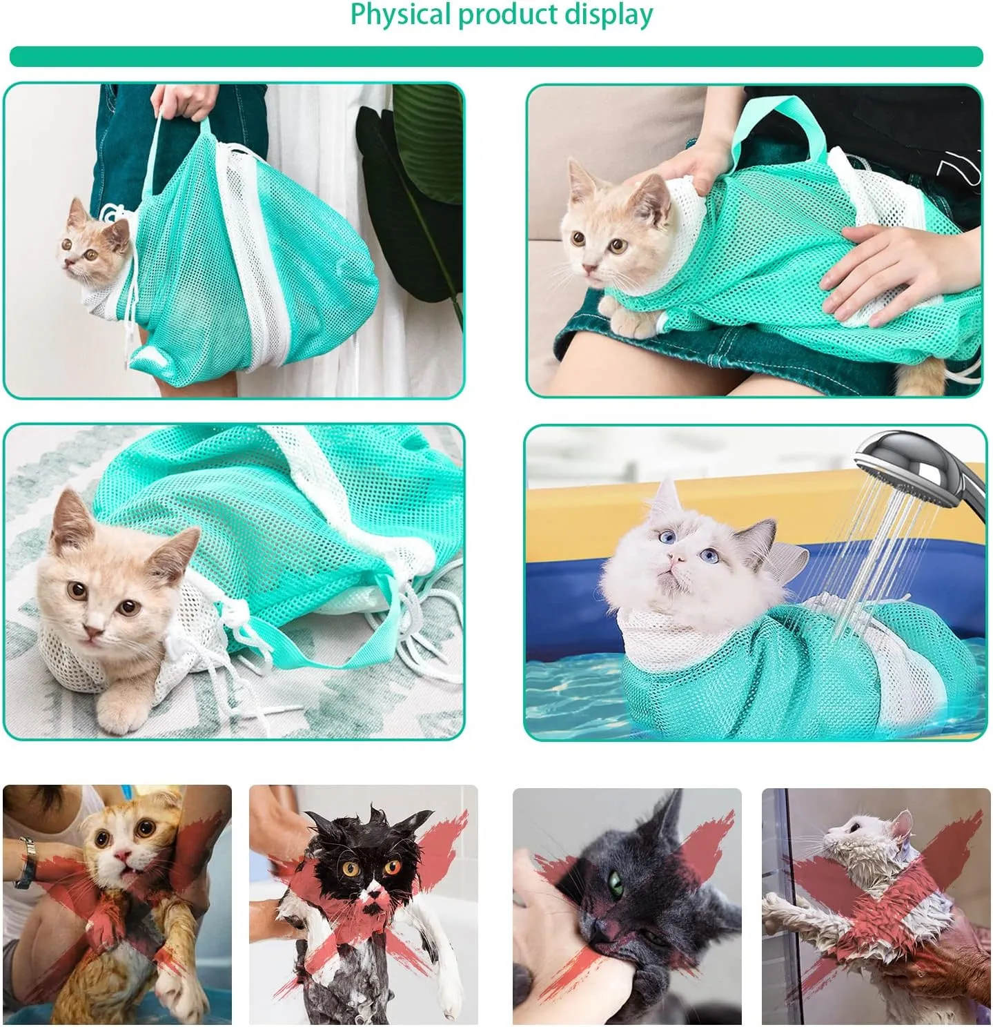 Adjustable Multifunctional Anti-Bite Cat Shower Bag, Mesh Cat Bathing Bag Set, Grey and Green, Care Tools Included