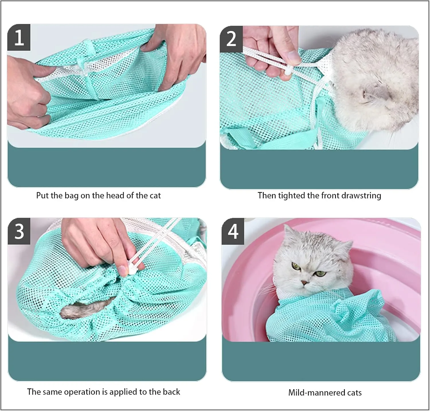 Adjustable Multifunctional Anti-Bite Cat Shower Bag, Mesh Cat Bathing Bag Set, Grey and Green, Care Tools Included