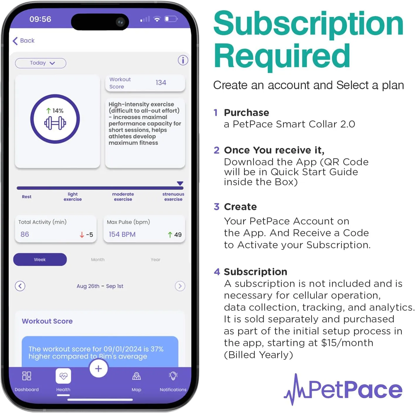 AI Health Monitor & GPS Tracker for Dogs | Track Heart Rate, Pain, Anxiety & Stress | Vet Backed, Near Real-Time Alerts & Monitoring | Subscription Required | PetPace Smart Collar 2.0 (Large)