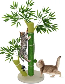 AiQInu 33'' Tall Cat Scratching Post for Large Cats and Kitten, Nature Sisal Cat Scratchers for Indoor Cats with DanglingToy Ball and Cute 3D Panda Adult Cat Tree with Bamboo Shape