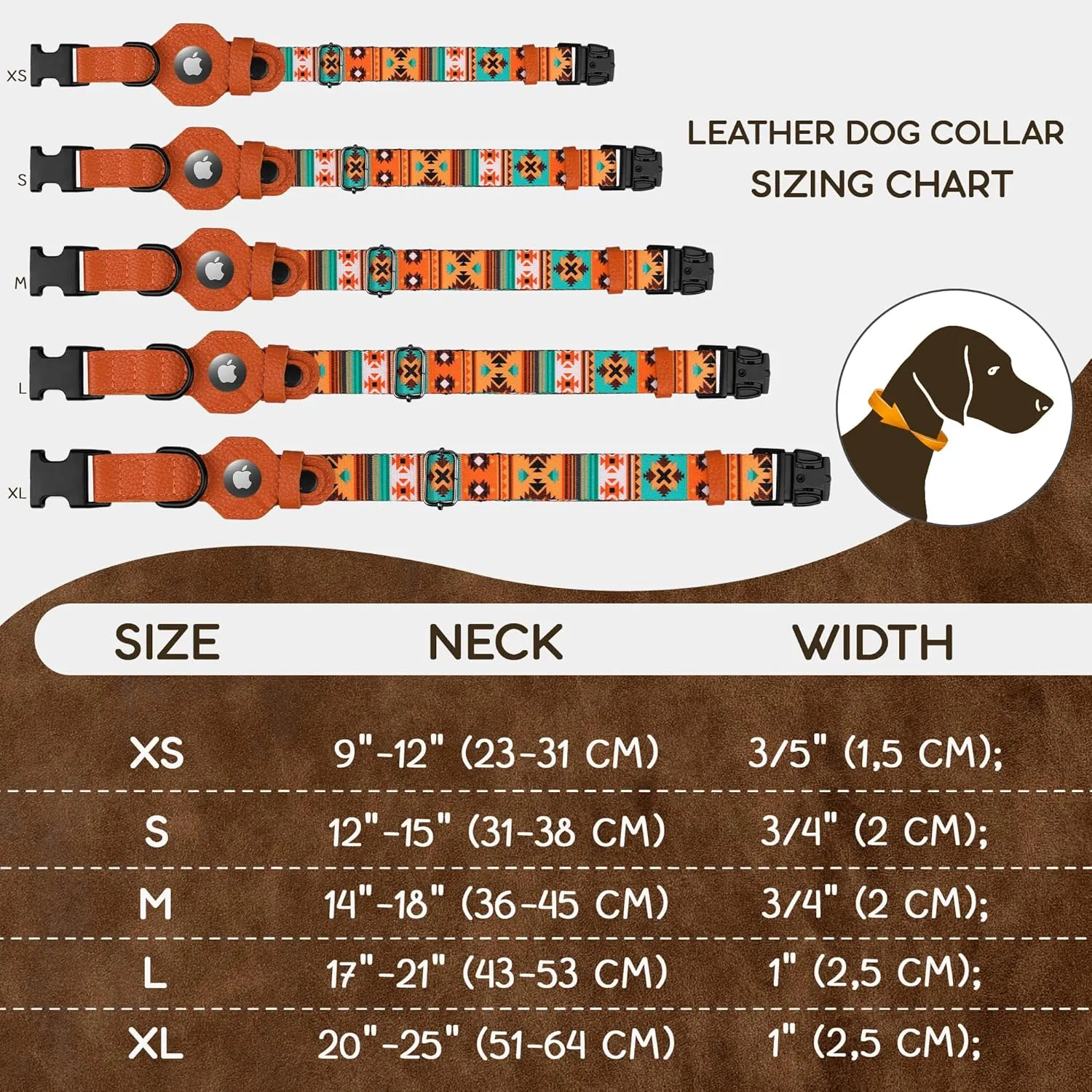 AirTag Dog Collar with Metal Buckle - Soft Leather Printed Nylon Dog Collar with Apple AirTag Holder - Cute Tracking GPS Pet Collars for Girl Boy Small Large Dogs (XS, 9"-12" Neck Fit, Southwest)