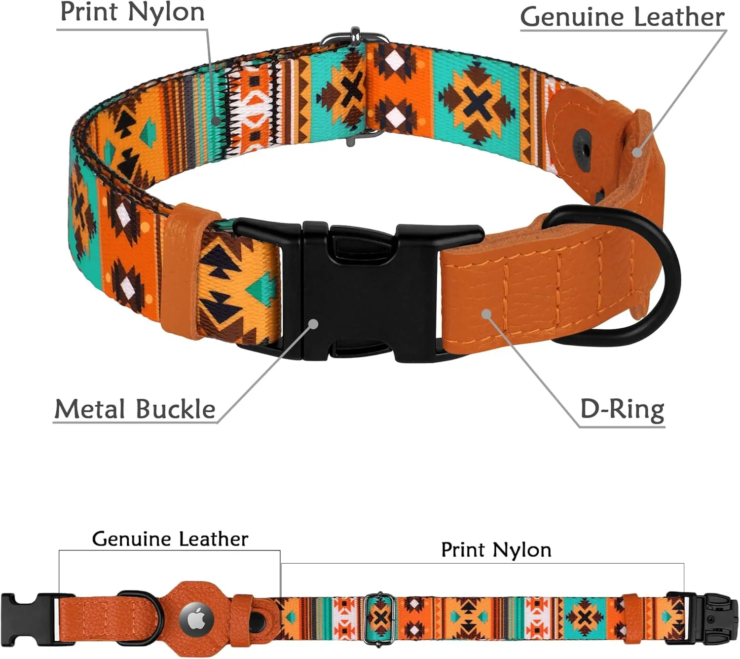 AirTag Dog Collar with Metal Buckle - Soft Leather Printed Nylon Dog Collar with Apple AirTag Holder - Cute Tracking GPS Pet Collars for Girl Boy Small Large Dogs (XS, 9"-12" Neck Fit, Southwest)