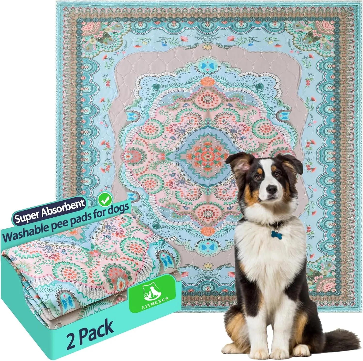Aitmexcn Washable Pee Pads for Dogs, Large 2 Pack Reusable Puppy Pads Pet Training Pads, Super Absorb Dog Mats, Whelping Pad, Non-Slip Protects Against Urine Leakage-48 x 48"