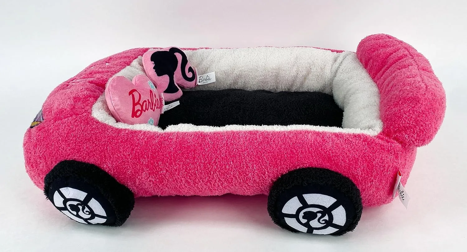 Barbie Plush Car Pet Bed- Themed Plush Pink Pet Bed for Dogs and Cats  Soft and Cozy Pet Bed with Barbie Pillow and Car Design