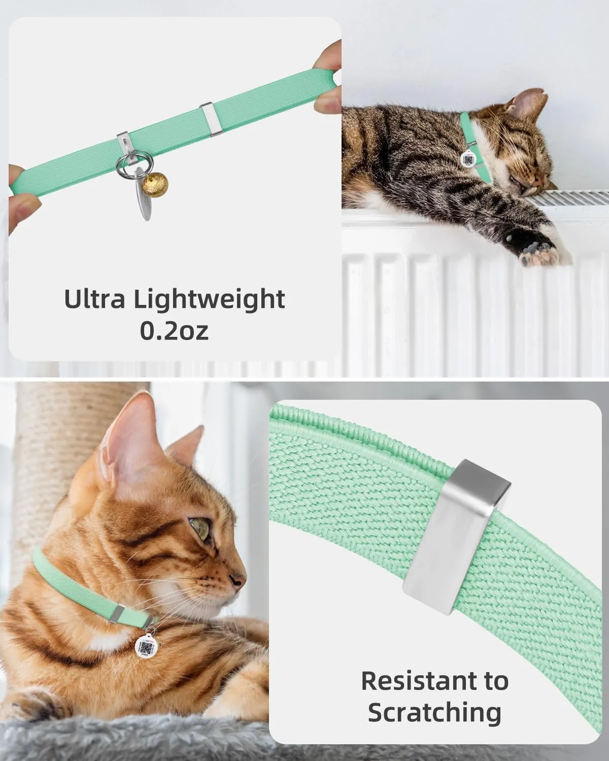 Cat Collar with Bell for Girl & Boy Cats - Non Breakaway Stretch Elastic Quick Release, Lightweight Kitten Collar, Adjustable & Durable Pet Accessories, Gifts for Cat Lovers, Green