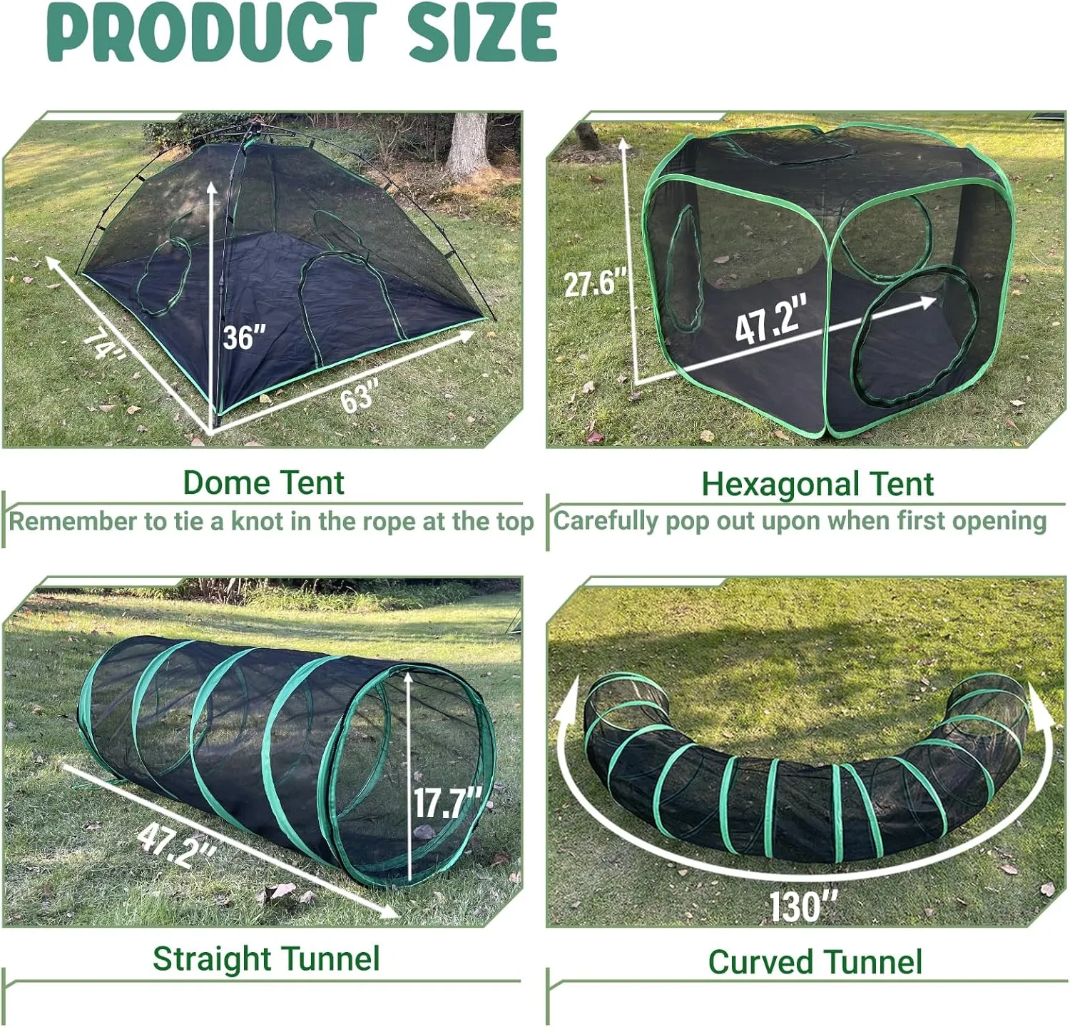 Cat Tents for Outside, Green Outdoor Cat Enclosures, Foldable Pet Playpen with Tunnels for Outside, Portable 4-in-1 Catio Including 2 Tents and 2 Tunnels
