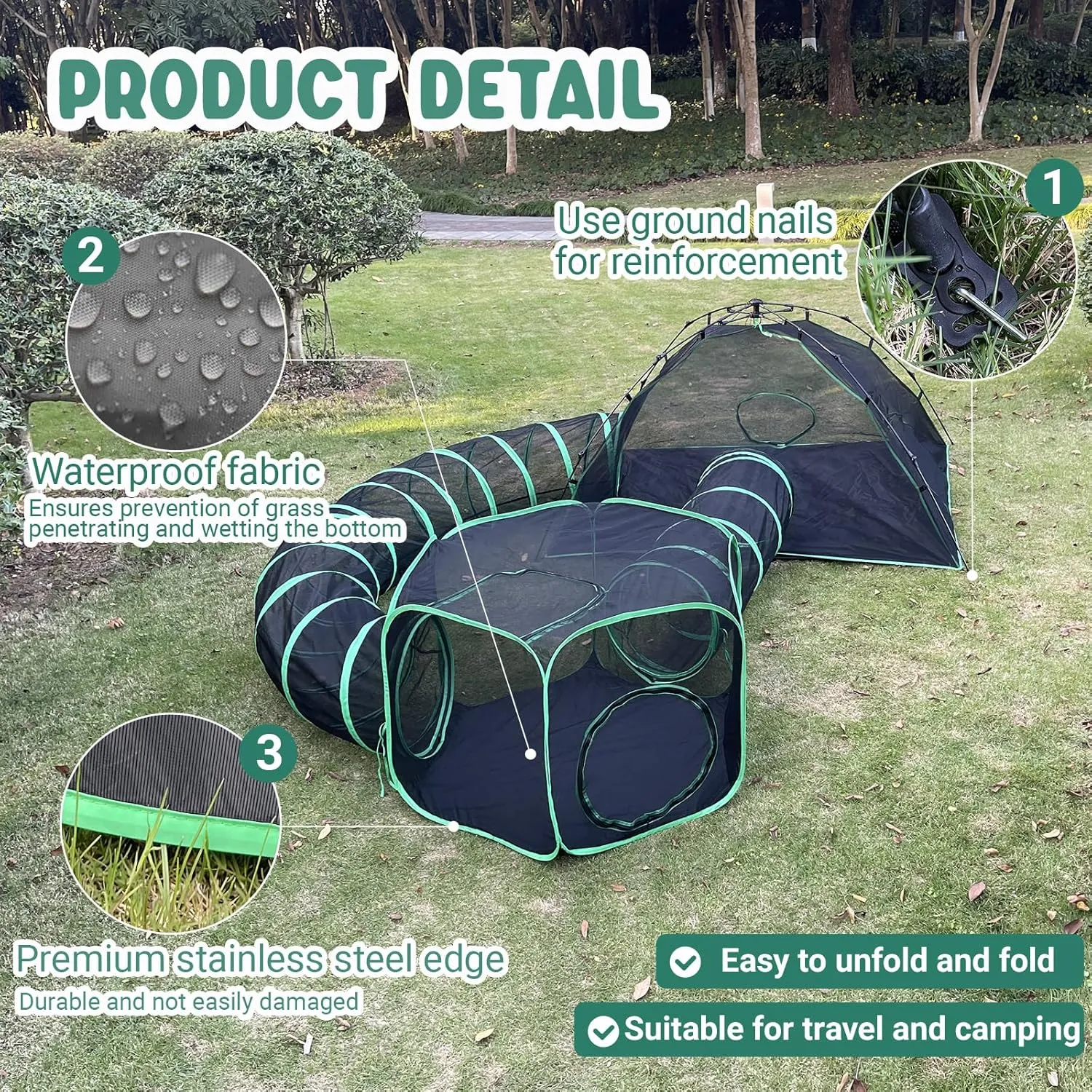 Cat Tents for Outside, Green Outdoor Cat Enclosures, Foldable Pet Playpen with Tunnels for Outside, Portable 4-in-1 Catio Including 2 Tents and 2 Tunnels