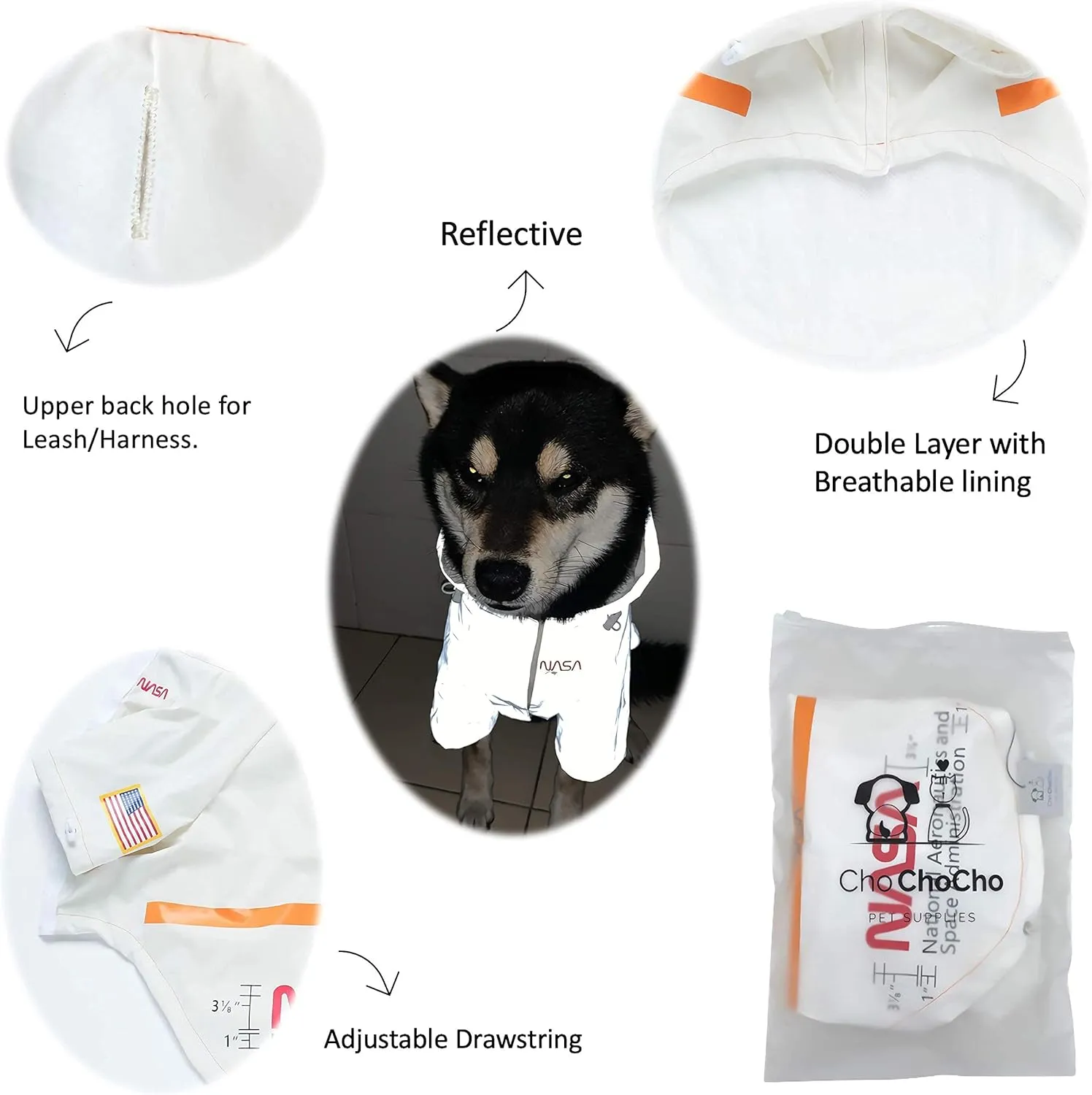 ChoChoCho NASA Dog Raincoats - Reflective Rain Jacket Water Proof, Dog Stylish Streetwear Outfit for Small Medium Large Puppies & Cats (White, 4XL)