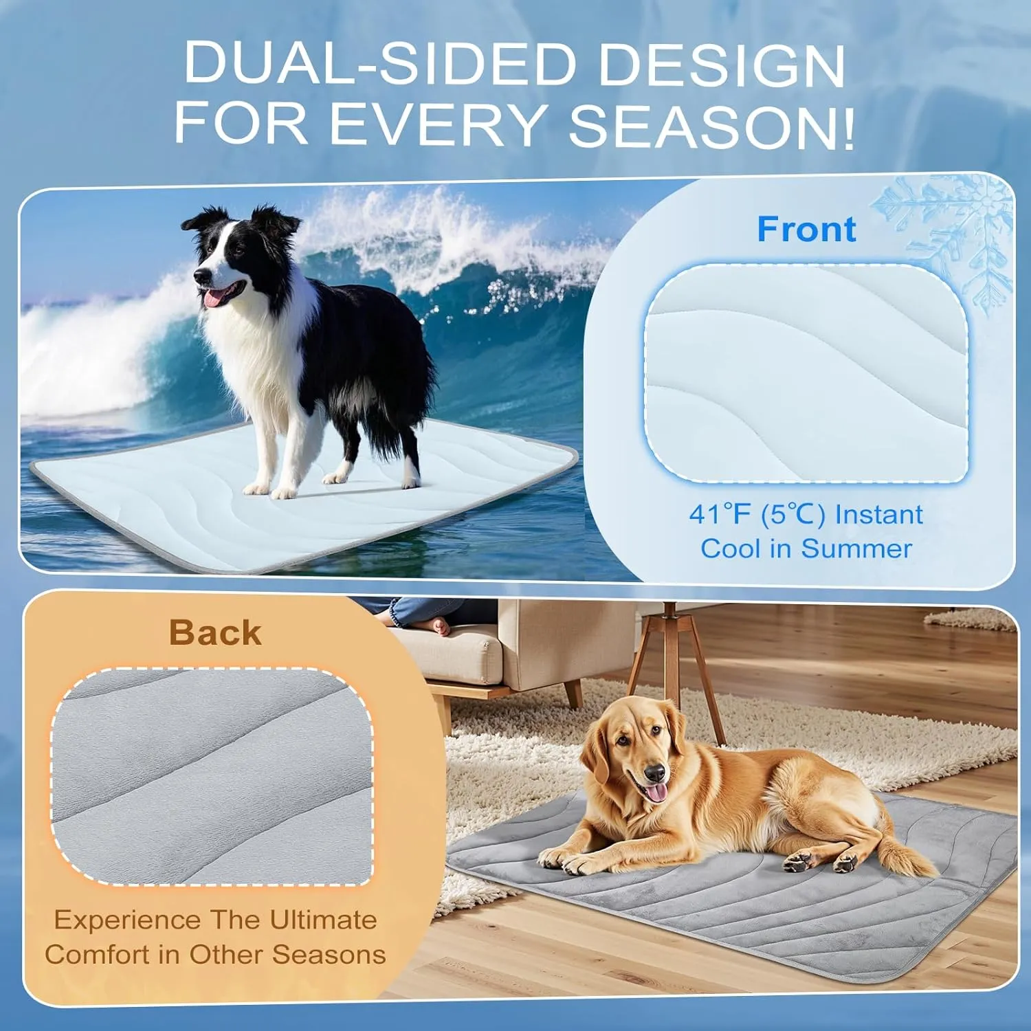 Cozyide Dog Cooling Mat, Medium Cooling Mat for Dogs, Reversible Pad for Dog, 36" L x 23" W,Ocean Blue