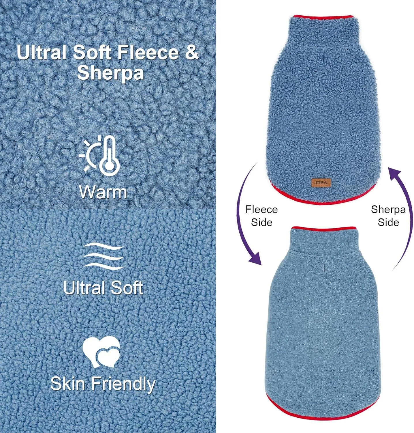 Cyeollo Reversible Sherpa Fleece Dog Jacket - Warm Winter Coats for Small Dogs, Blue XL