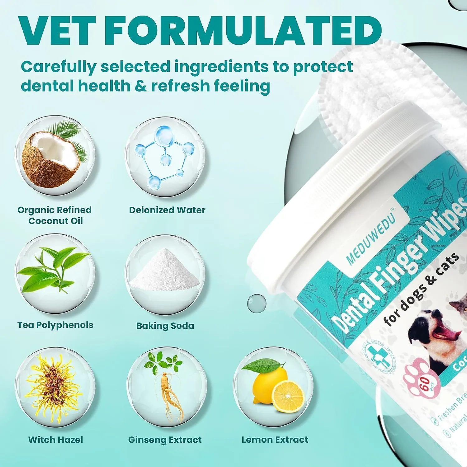 Dental Care Finger Wipes 120 Counts,Teeth Cleaning Finger Wipes for Dogs & Cats,Reduces Plaque & Supports Oral Freshness,Unscented