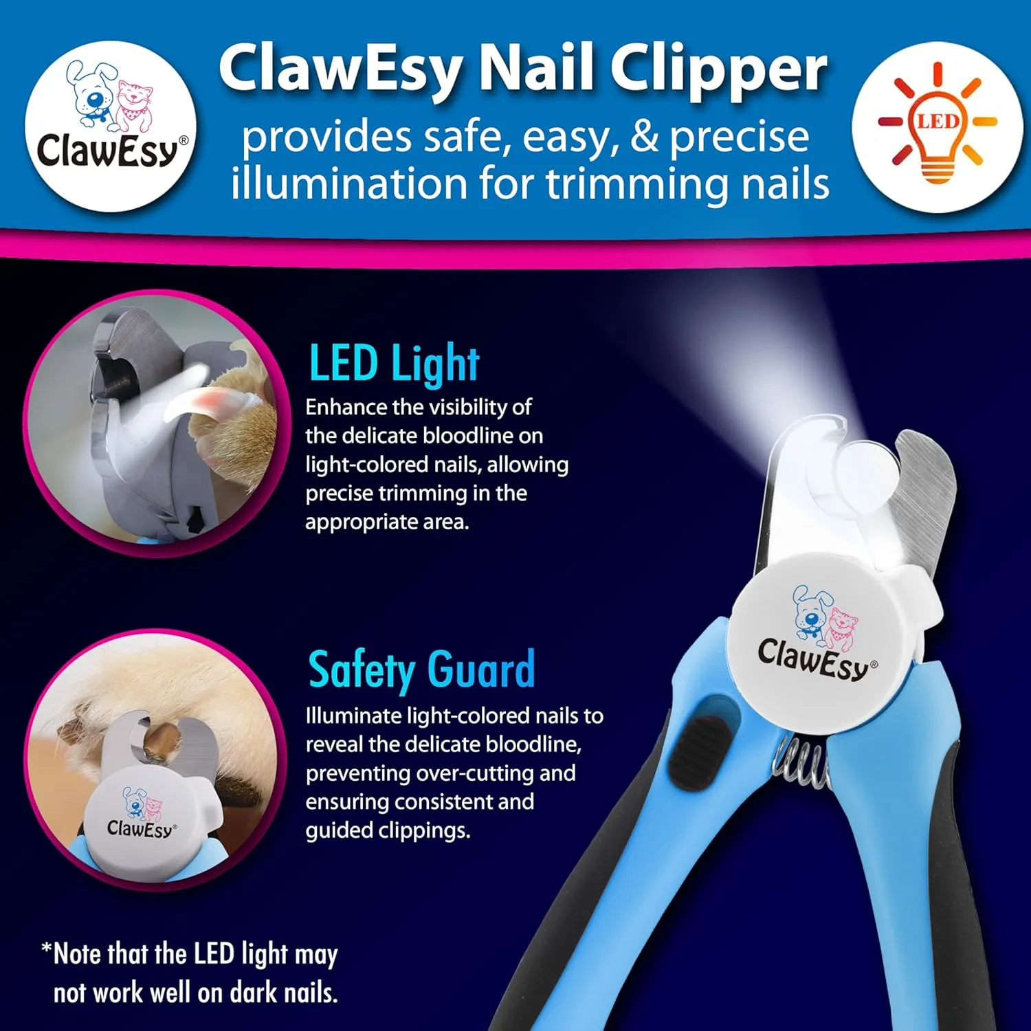 Dog Nail Clipper with Ultra Bright LED Light for Bloodline, Stainless Steel Pet Nail Trimmer with Safety Guard, Ergonomic Handle, Free Nail File for Smooth, Easy Grooming. Dogs and Cats(Pink)