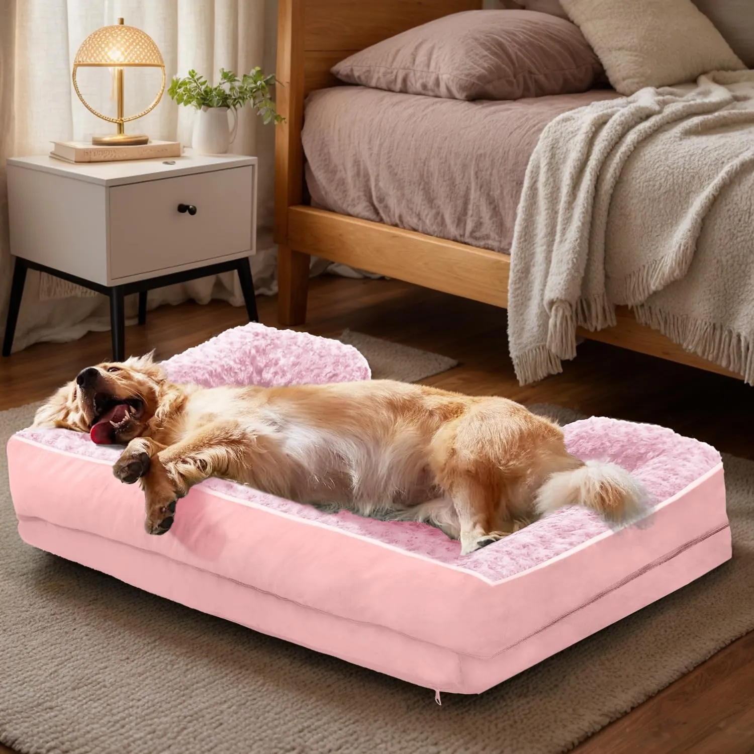FERPOSH Orthopedic Dog Bed, Pet Sofa Bed with Removable Washable Cover, Waterproof Dog Bed, Anti Slip Bottom Dog Bed, Pet Sleeping Mat, 28" x 23", Pink