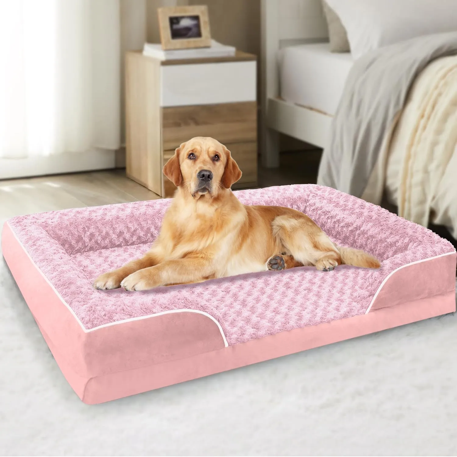 FERPOSH Orthopedic Dog Bed, Pet Sofa Bed with Removable Washable Cover, Waterproof Dog Bed, Anti Slip Bottom Dog Bed, Pet Sleeping Mat, 28" x 23", Pink