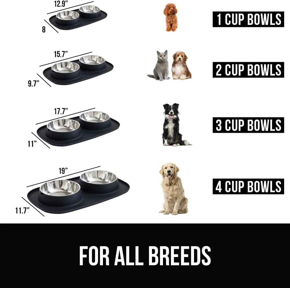 GORILLA GRIP Patent Pending 100% Waterproof BPA Free 3 Cup Cat and Dog Bowls Silicone Feeding Mat Set, Stainless Steel Bowl Slip Resistant Raised Edges, Catch Water, Food, Pet Accessories, Black