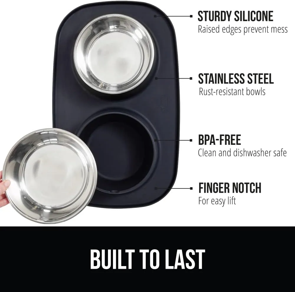 GORILLA GRIP Patent Pending 100% Waterproof BPA Free 3 Cup Cat and Dog Bowls Silicone Feeding Mat Set, Stainless Steel Bowl Slip Resistant Raised Edges, Catch Water, Food, Pet Accessories, Black