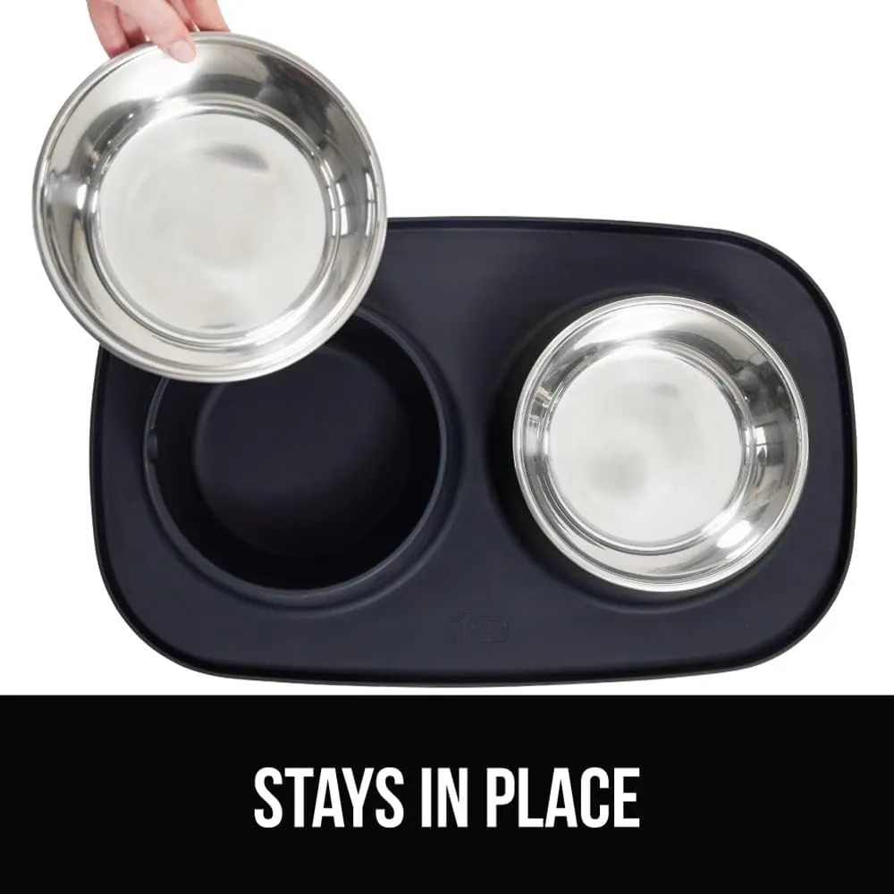 GORILLA GRIP Patent Pending 100% Waterproof BPA Free 3 Cup Cat and Dog Bowls Silicone Feeding Mat Set, Stainless Steel Bowl Slip Resistant Raised Edges, Catch Water, Food, Pet Accessories, Black