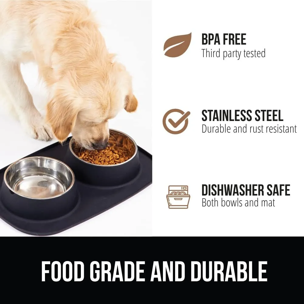 GORILLA GRIP Patent Pending 100% Waterproof BPA Free 3 Cup Cat and Dog Bowls Silicone Feeding Mat Set, Stainless Steel Bowl Slip Resistant Raised Edges, Catch Water, Food, Pet Accessories, Black