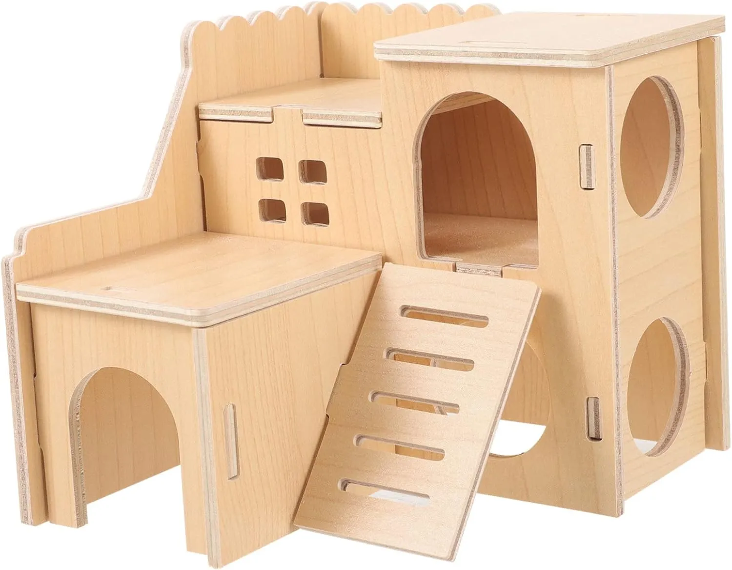 Hamster Playset Slide Wooden House for Small Pets Rat Chinchilla Habitat Multi-Chamber Home Decor
