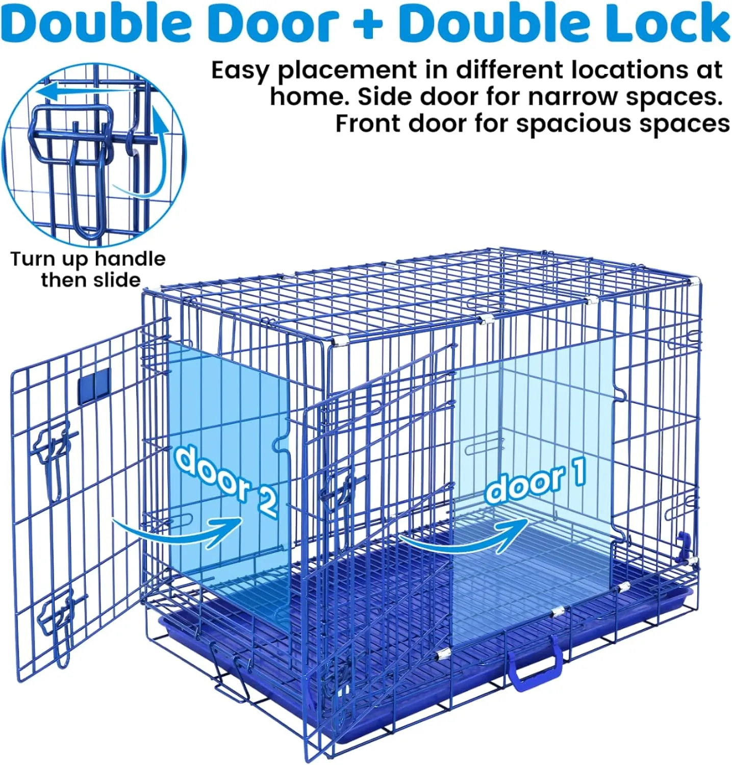 HOMEY PET Blue 30 Inch Dog Crate, Small Dog Kennel Indoor Collapsible Dog Cage Medium Sized Dog Nano-Coated Metal Wire Dog Crates with Removable Floor Grid and Tray, Double Doors Dual Locks, Handle