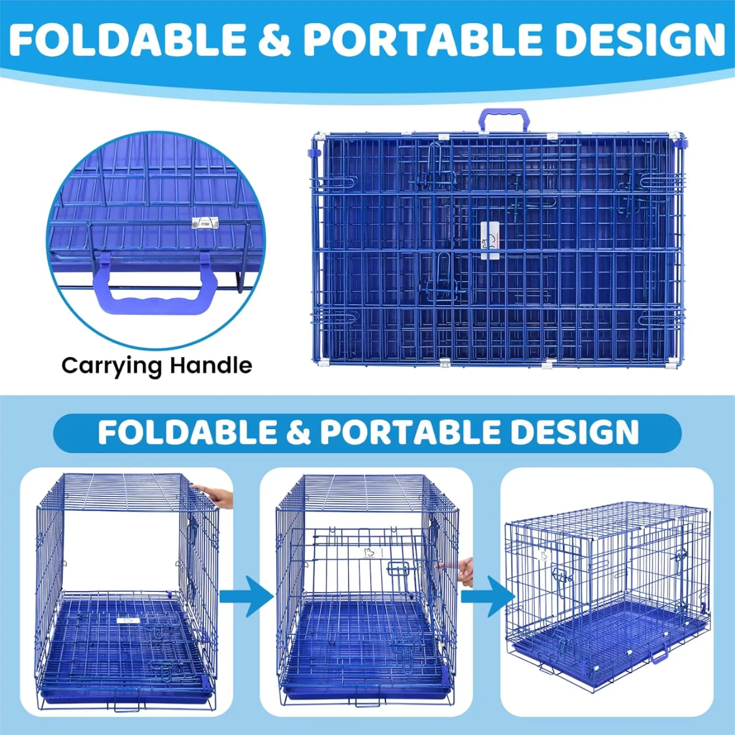 HOMEY PET Blue 30 Inch Dog Crate, Small Dog Kennel Indoor Collapsible Dog Cage Medium Sized Dog Nano-Coated Metal Wire Dog Crates with Removable Floor Grid and Tray, Double Doors Dual Locks, Handle