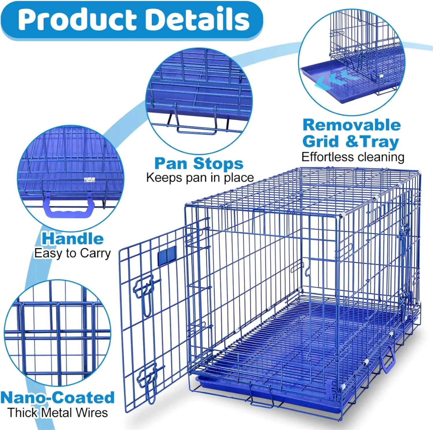 HOMEY PET Blue 30 Inch Dog Crate, Small Dog Kennel Indoor Collapsible Dog Cage Medium Sized Dog Nano-Coated Metal Wire Dog Crates with Removable Floor Grid and Tray, Double Doors Dual Locks, Handle
