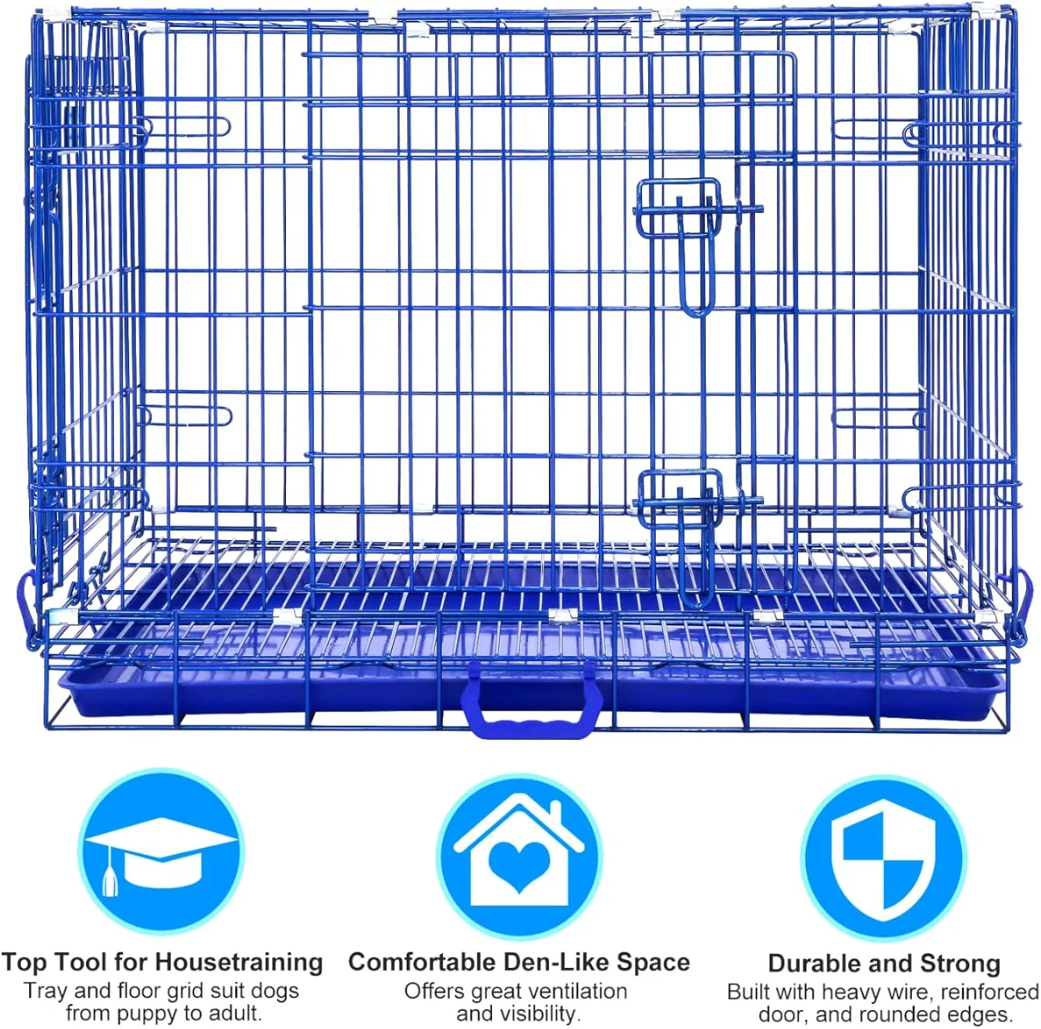 HOMEY PET Blue 30 Inch Dog Crate, Small Dog Kennel Indoor Collapsible Dog Cage Medium Sized Dog Nano-Coated Metal Wire Dog Crates with Removable Floor Grid and Tray, Double Doors Dual Locks, Handle