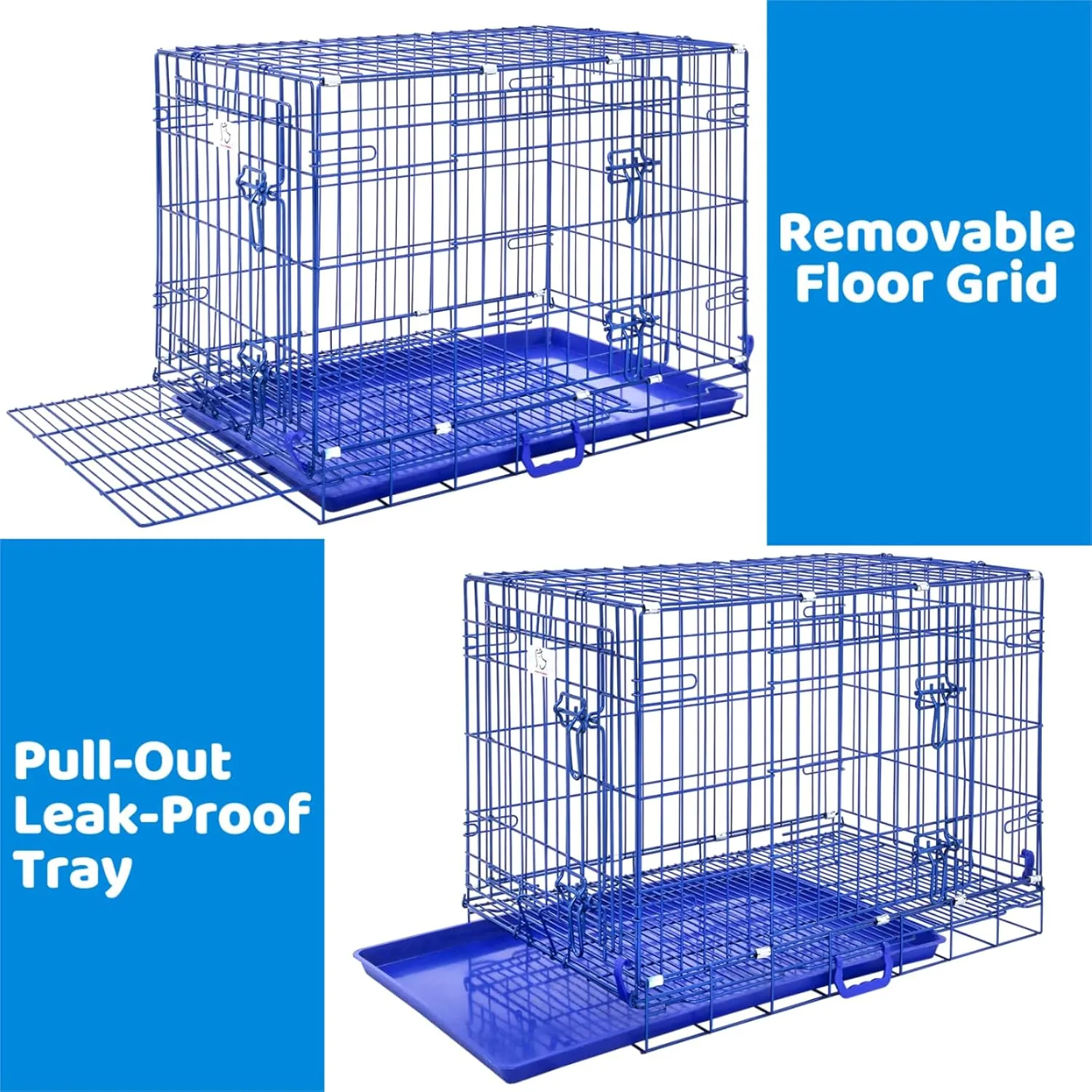 HOMEY PET Blue 30 Inch Dog Crate, Small Dog Kennel Indoor Collapsible Dog Cage Medium Sized Dog Nano-Coated Metal Wire Dog Crates with Removable Floor Grid and Tray, Double Doors Dual Locks, Handle