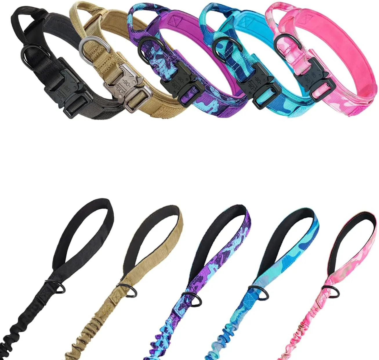 Hotsky Tactical Dog Collar and Leash Set, Heavy Duty Military Airtag Dog Collar with Handle and Metal Buckle for Training and Walking, with Airtag Holder and Two Patches (Purple Camo, L)
