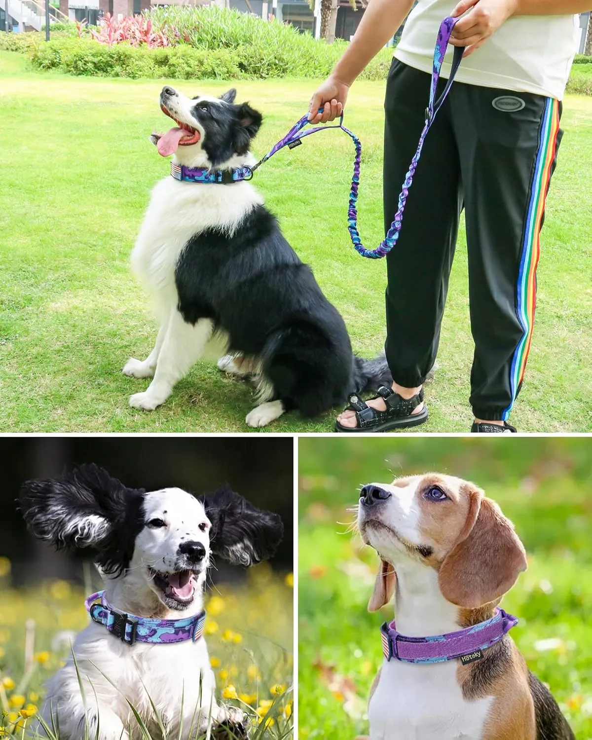 Hotsky Tactical Dog Collar and Leash Set, Heavy Duty Military Airtag Dog Collar with Handle and Metal Buckle for Training and Walking, with Airtag Holder and Two Patches (Purple Camo, L)