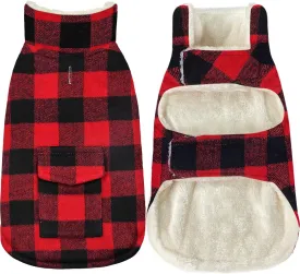 Malier Classic Plaid Fleece Dog Coat - Warm Winter Jacket with Pocket, Windproof for Small, Medium, Large Dogs (Red, X-Large)