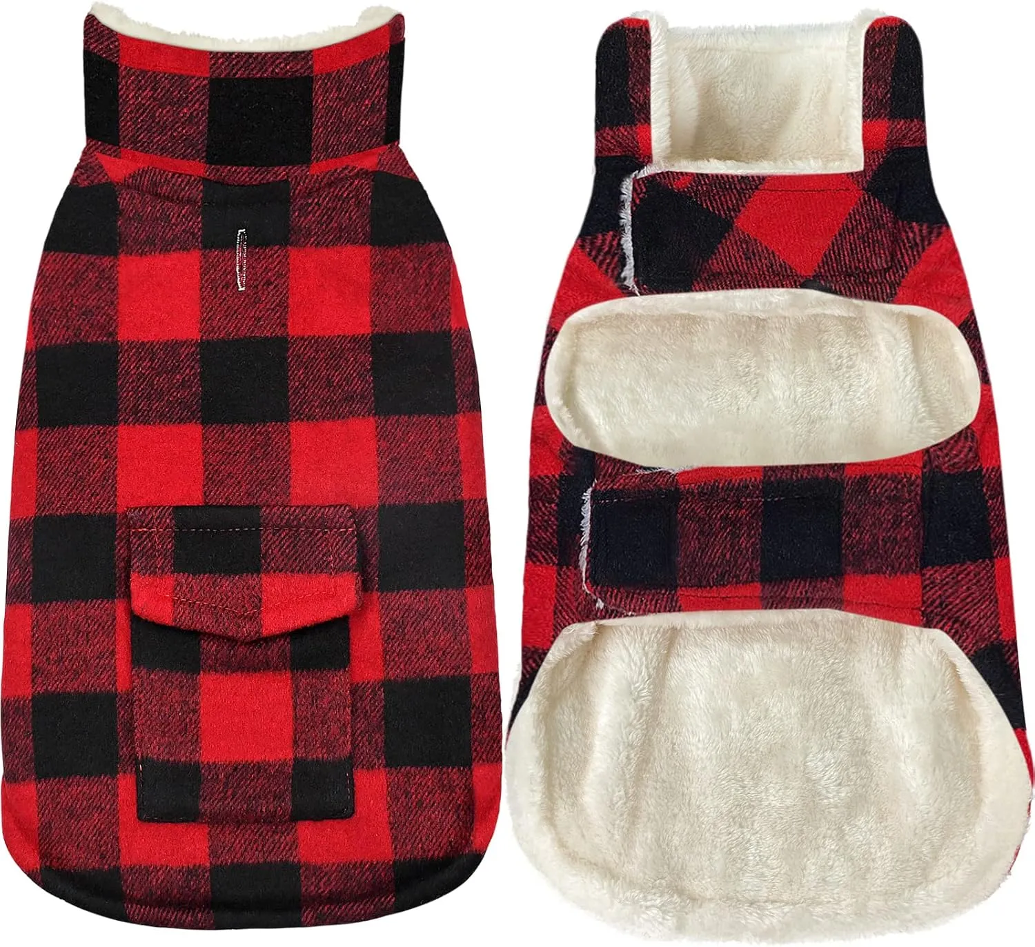 Malier Classic Plaid Fleece Dog Coat - Warm Winter Jacket with Pocket, Windproof for Small, Medium, Large Dogs (Red, X-Large)