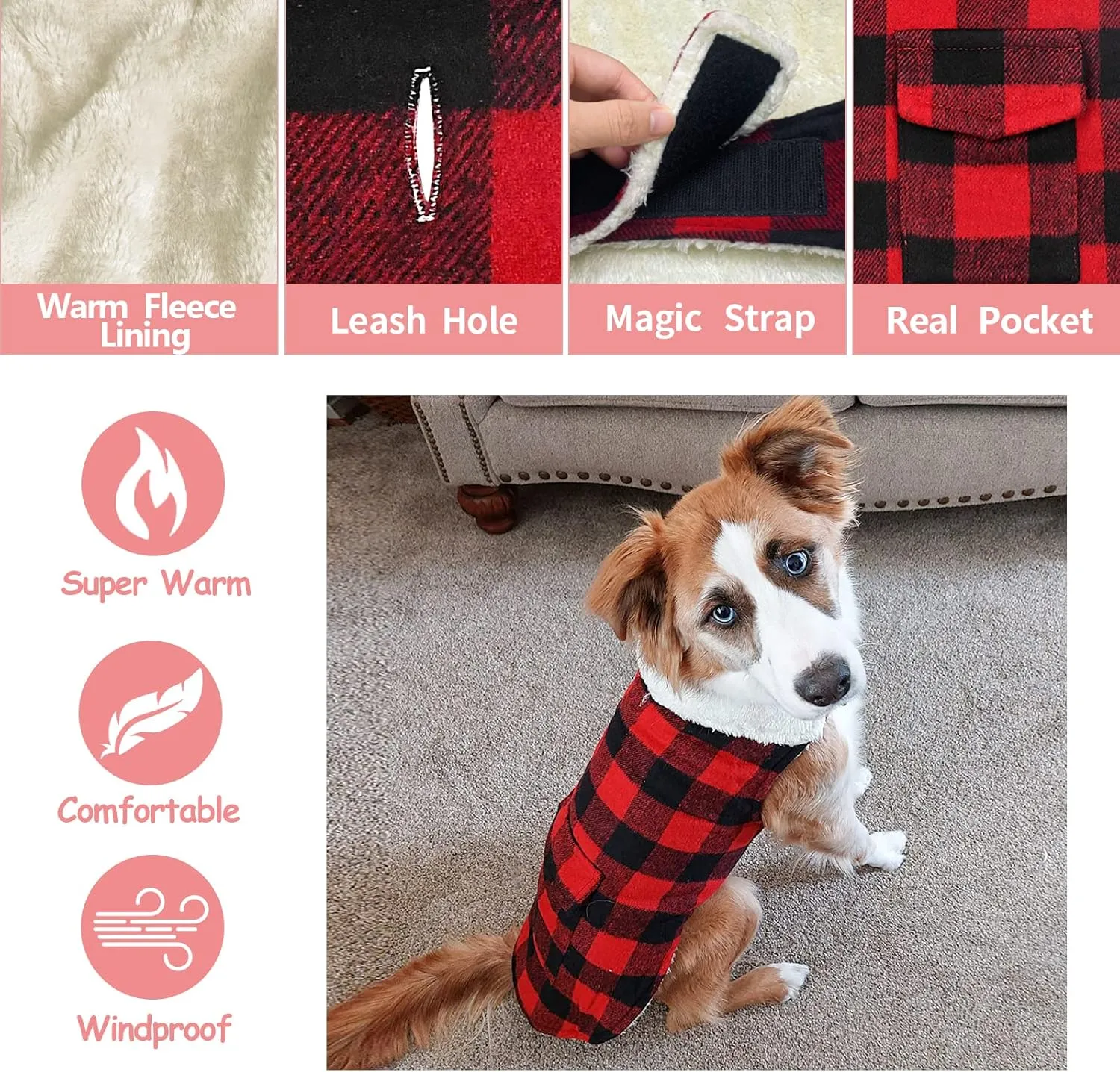 Malier Classic Plaid Fleece Dog Coat - Warm Winter Jacket with Pocket, Windproof for Small, Medium, Large Dogs (Red, X-Large)