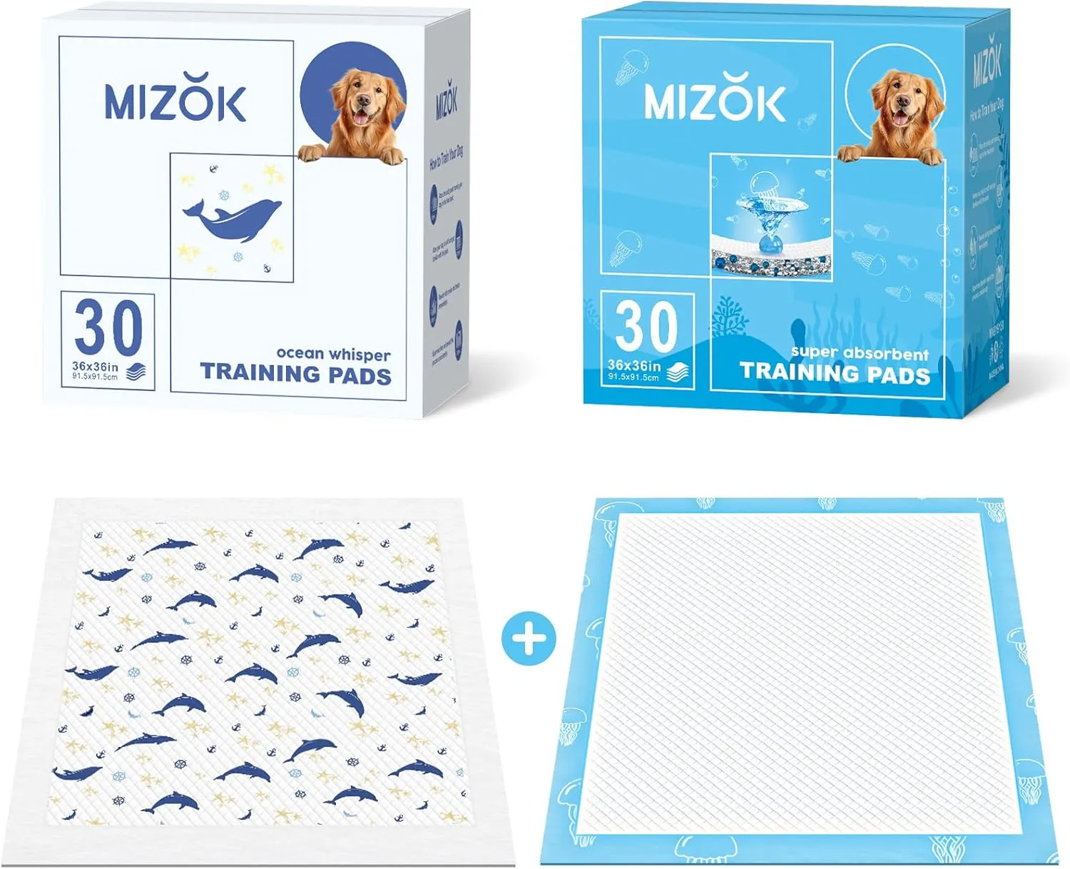 MIZOK 36x36in Dog Pee Pads Jumbo Disposable with Whale& Jellyfish Pattern, Dog Pads Extra Large Super Absorbent Up to 11 Cups, Dog Training Pads Quick Dry & Leak-Proof (60 Counts)