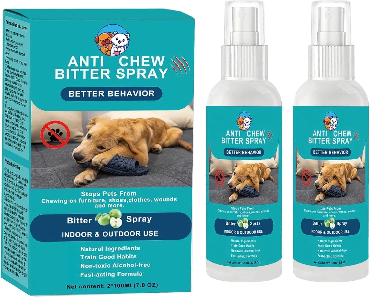 No Chew Spray for Dogs, Dog Deterrent Spray, Bitter Spray for Dogs, Stops Chewing and Licking, Protects Furniture, Prevents Wound Licking, Non-Toxic, Alcohol-Free 2 * 100 ML 7.0 OZ