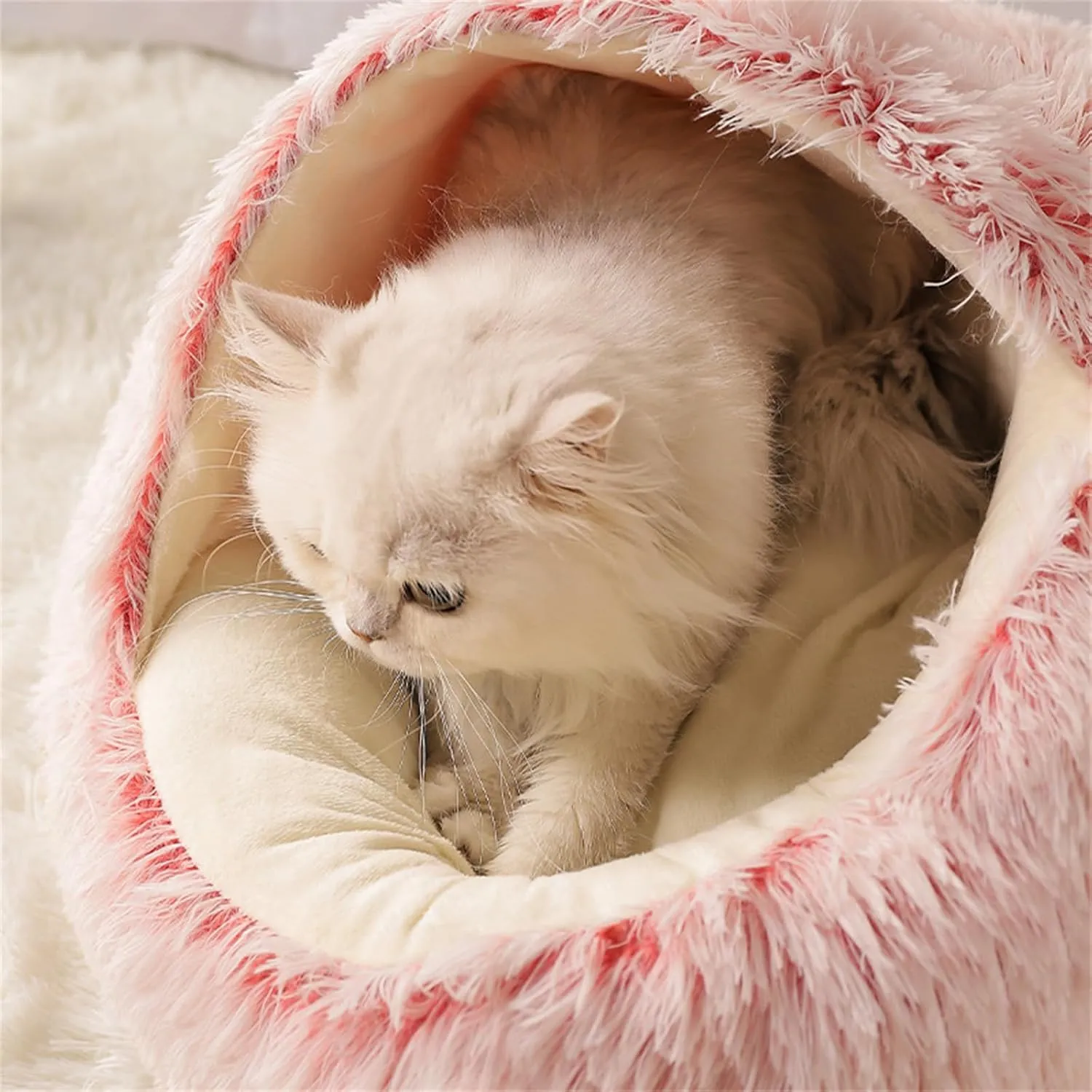 Olvys Cozy Cocoon Dogs Bed, Plush Fluffy Comfy Cocoon Pet Beds, Cozy Fluffy Plush Cat Pet Nest Bed, Winter Hooded Dog Covered Beds for Indoor (Coffce-Long Velvet,15.8in)