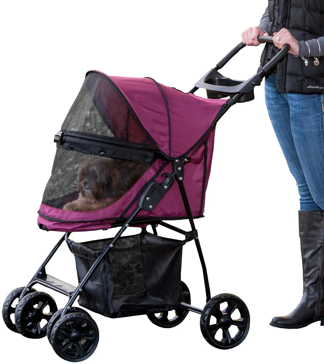 Pet Gear No-Zip Happy Trails Lite Pet Stroller for Cats/Dogs, Zipperless Entry, Easy Fold with Removable Liner, Safety Tether, Storage Basket   Cup Holder, 3 Colors