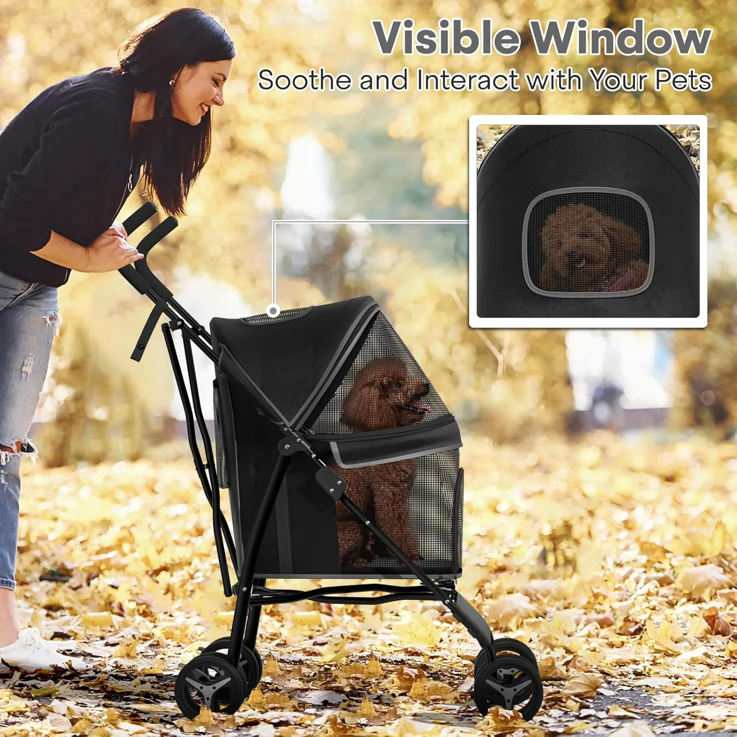 Pet Stroller for Small Dogs & Cats, 10-22lbs, Rear Storage, Black