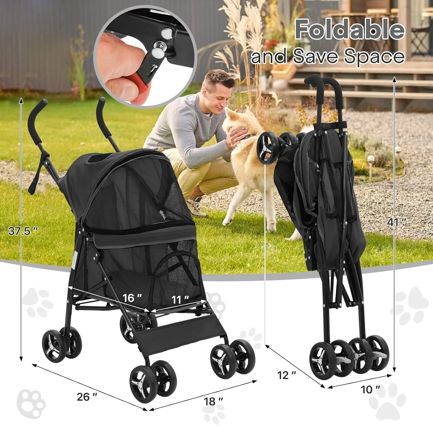 Pet Stroller for Small Dogs & Cats, 10-22lbs, Rear Storage, Black