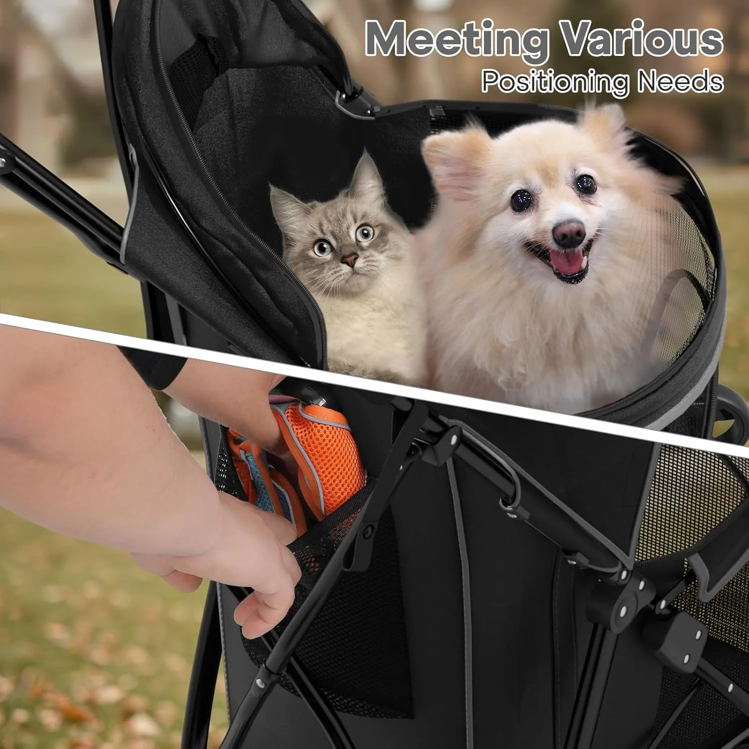Pet Stroller for Small Dogs & Cats, 10-22lbs, Rear Storage, Black